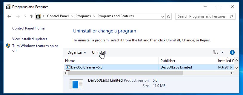 Uninstall Dev360 Cleaner 