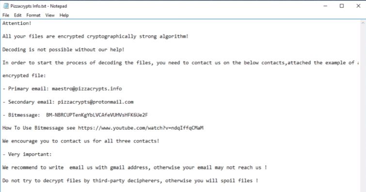 PizzaCrypts ransomware virus