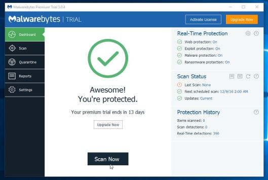 Start a scan with Malwarebytes scan