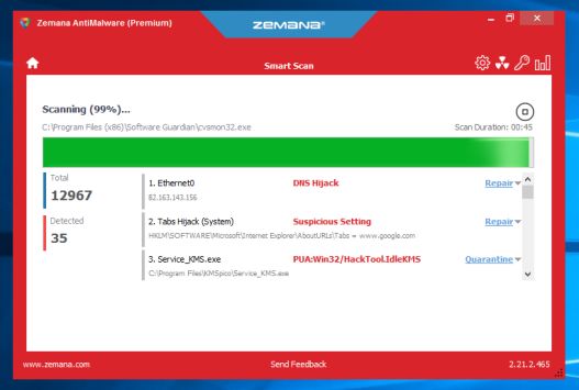 Zemana AntiMalware performing a scan