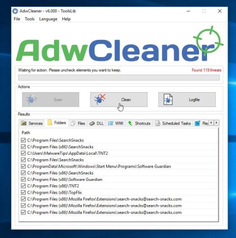 AdwCleanerマルウェアの削除