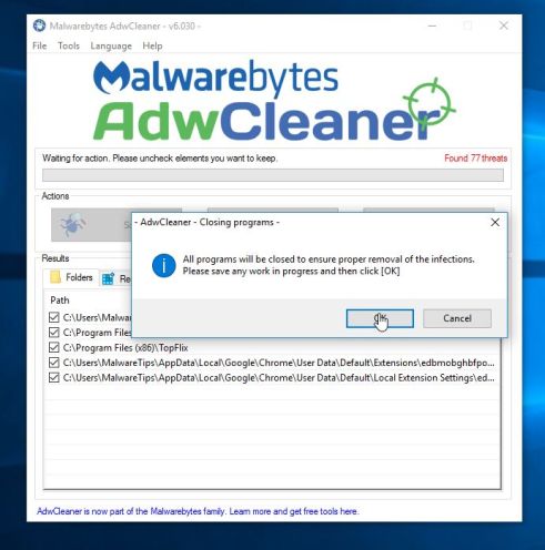 Malwarebytes AdwCleaner finishing malware removal