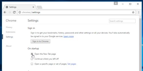 Google Chrome On Startup options