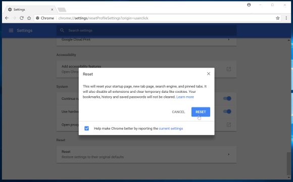 Restore Google Chrome to default settings