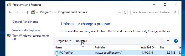 Uninstall PC Purifier