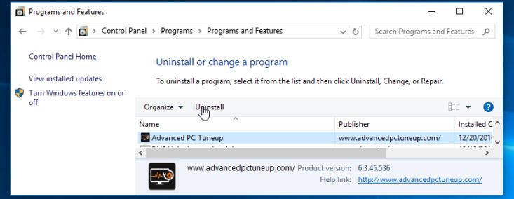 Uninstall Advanced PC Tuneup