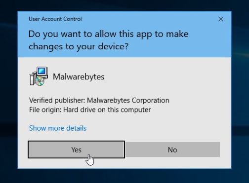 Запрос управления учетной записью пользователя Malwarebytes