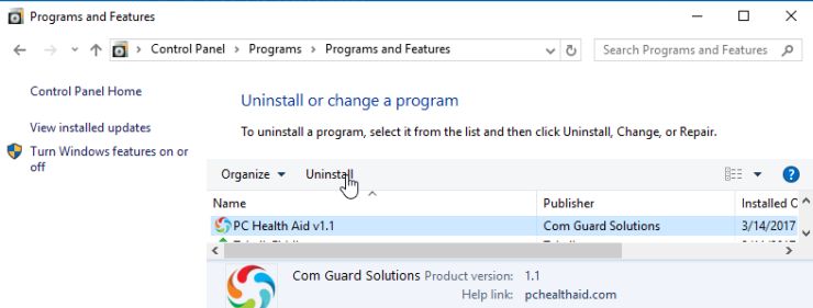 Uninstall PC Health Aid