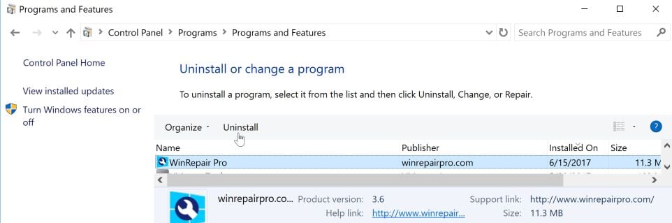 Uninstall WinRepair Pro from Windows virus