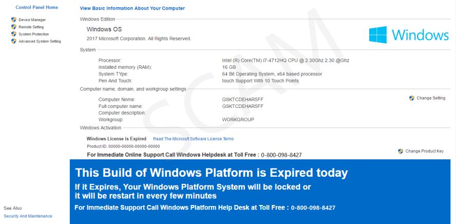 This Build of Windows Platform is Expired Today Scam Virus