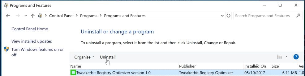 Uninstall Tweakerbit Registry Optimizer removal