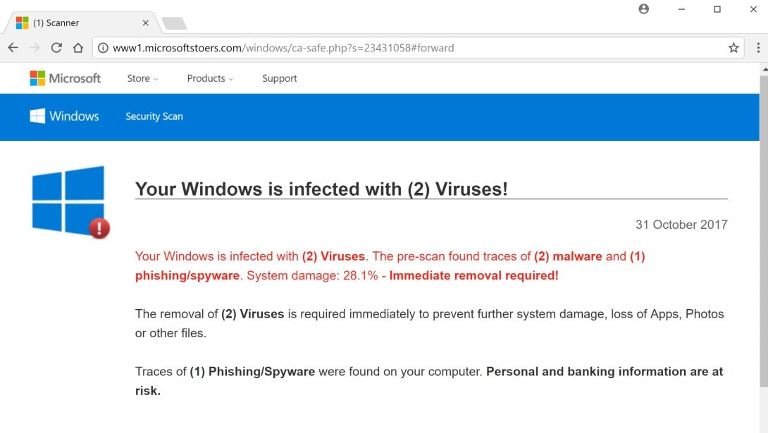 www1.microsoftstoers.com redirect virus