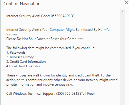 Internet Security Alert! Code: 055BCCAC9FEC pop-up scam
