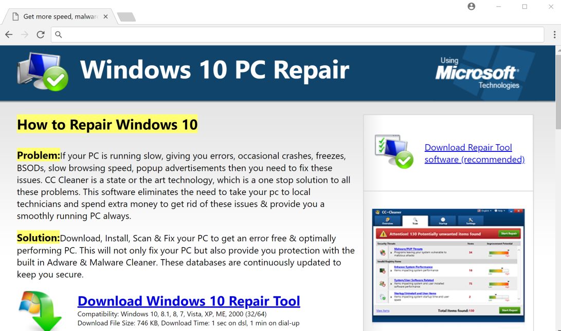 windows 10 pc repair popup