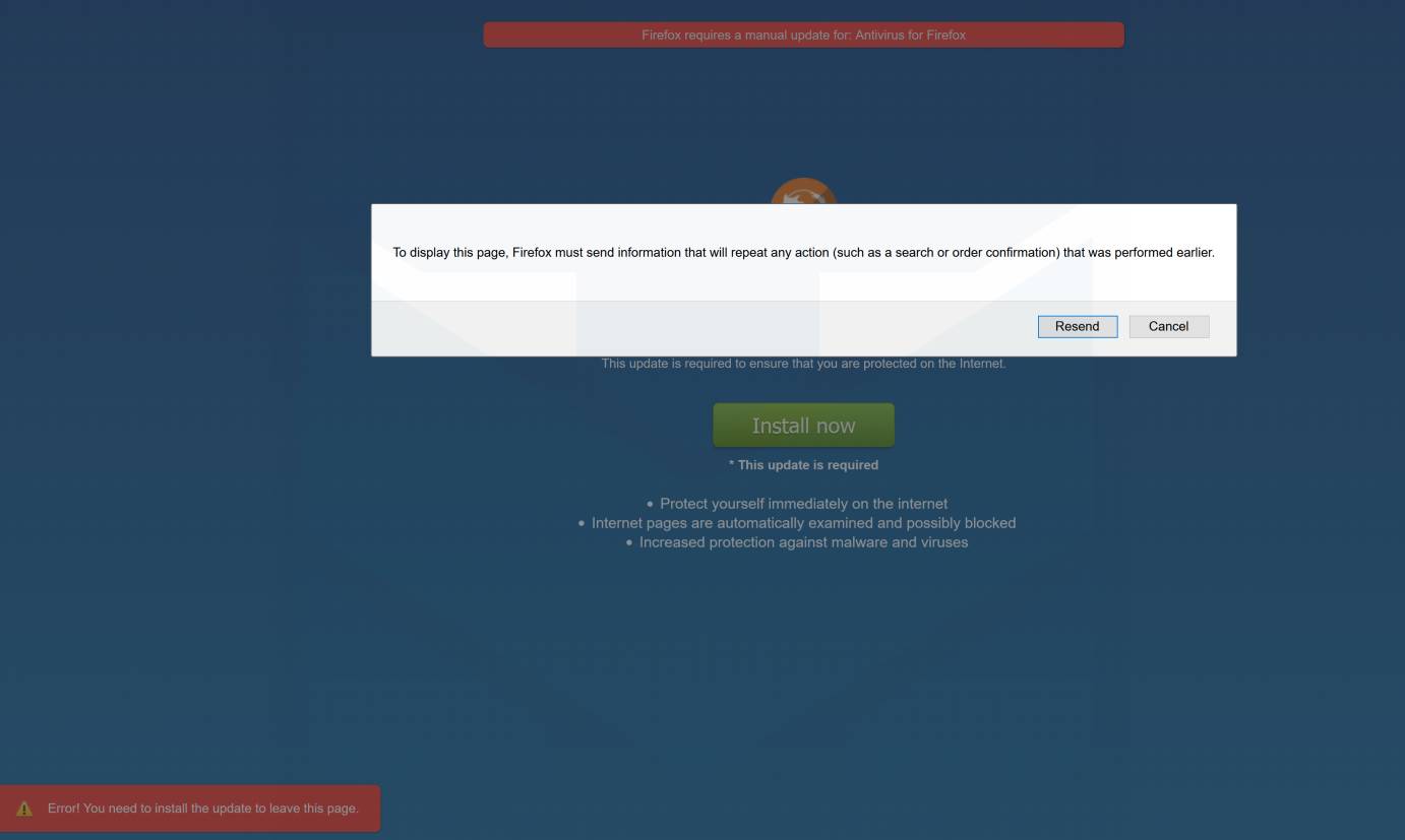 Error! You need to install the update to leave this page Firefox Scam Virus