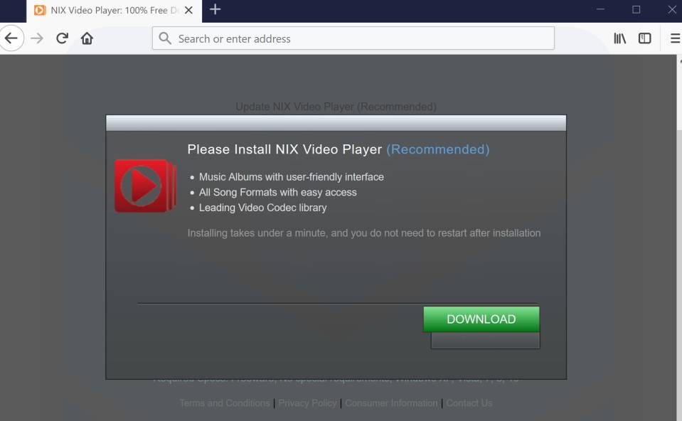 Update NIX Video Player (Recommended) Pop-up Ads Scam