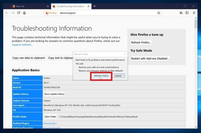 Подтвердите сброс Firefox, чтобы удалить всплывающие окна Get.dailynotifications.com