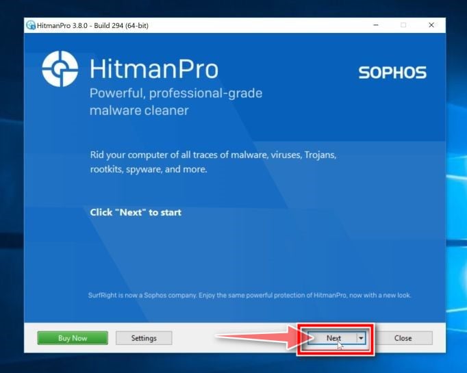 Haga clic en Siguiente para instalar HitmanPro y eliminar el virus ransomware STAX