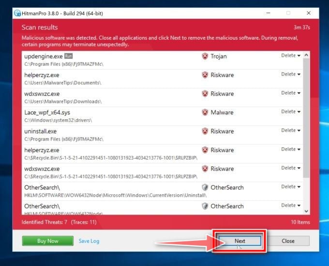 HitmanPro scan summary. Click Next to remove Windows Error Code: DLL011150 pop-up scam