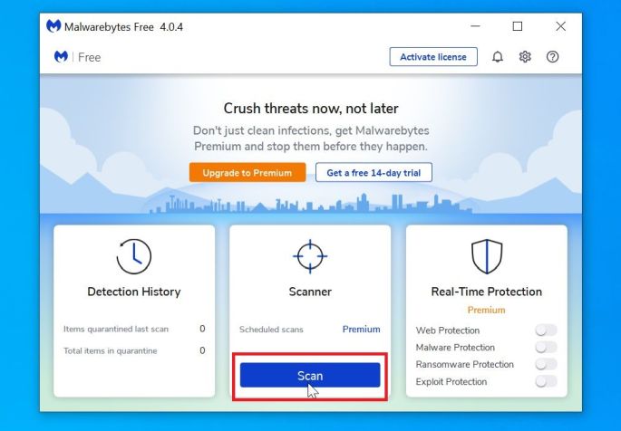  szkennelés indítása Malwarebytes segítségével