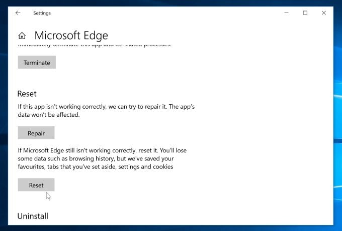 nastavení Microsoft Edge Reset