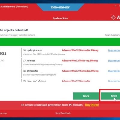 Click Next to remove malware found by Zemana AntiMalware