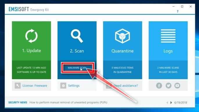  udfør en ondsindet scanning med Emsisoft Emergency Kit