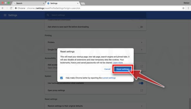 Click on Reset Settings to restore Google Chrome to its default settings MacOS