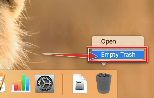 Right-click on Trash and select Empty Trash MacOS