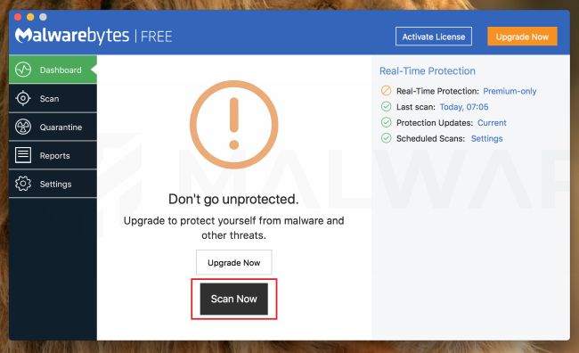 Malwarebytes scan for WARNING! MAC OS Is Infected virus