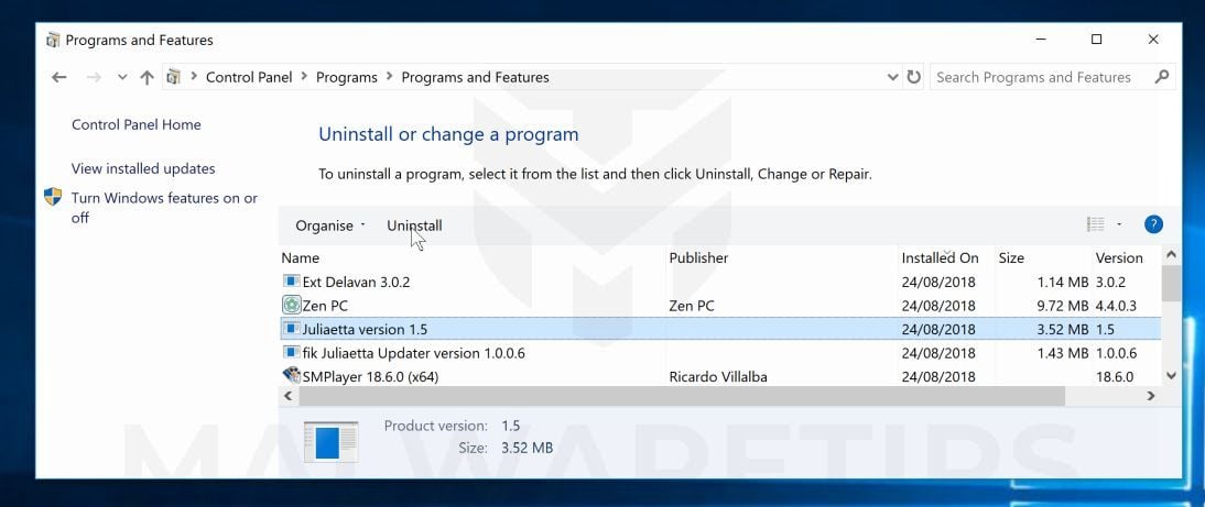 Uninstall Juliaetta version 1.5 adware