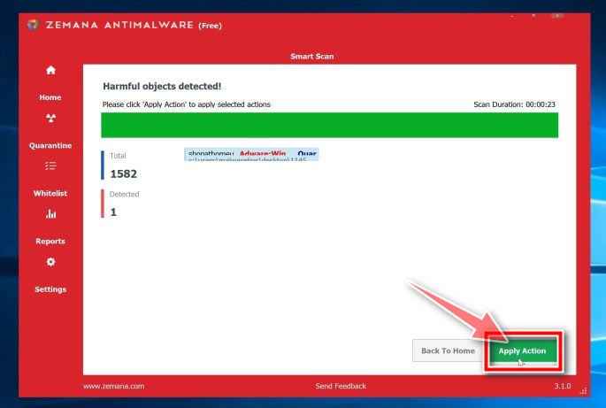 Image: Click Apply actions to remove malware found by Zemana AntiMalware