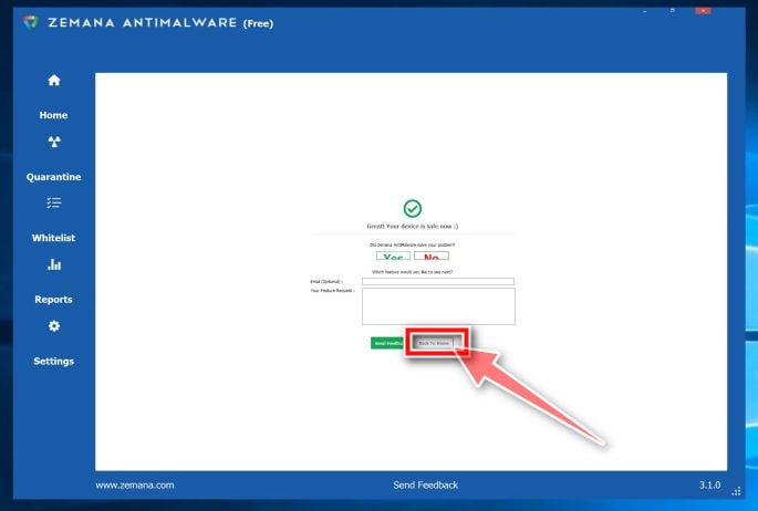  Zemana demande de redémarrer le PC