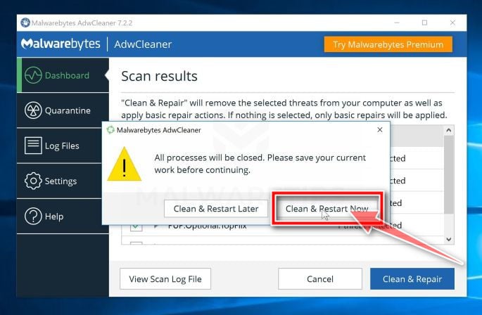 Click Clean & Restart Now to remove Streaming Lab Tab virus