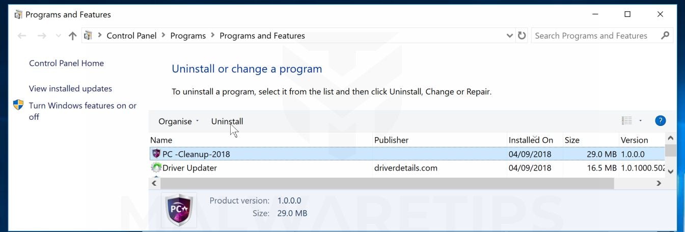 Uninstall PC Cleanup 2018 Scam