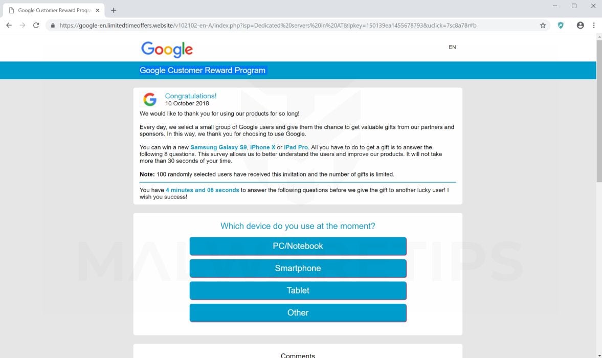 Всплывающее мошенничество с вознаграждением пользователей Google Chrome