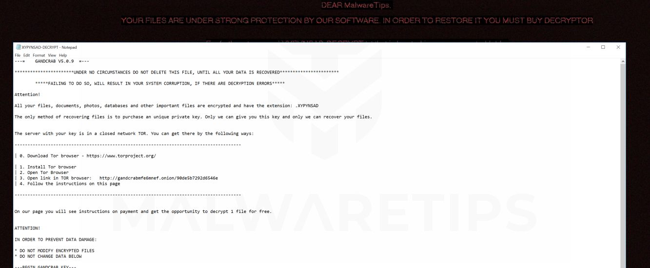 Image: GANDCRAB V5.0.9 Ransomware DECRYPT.txt file