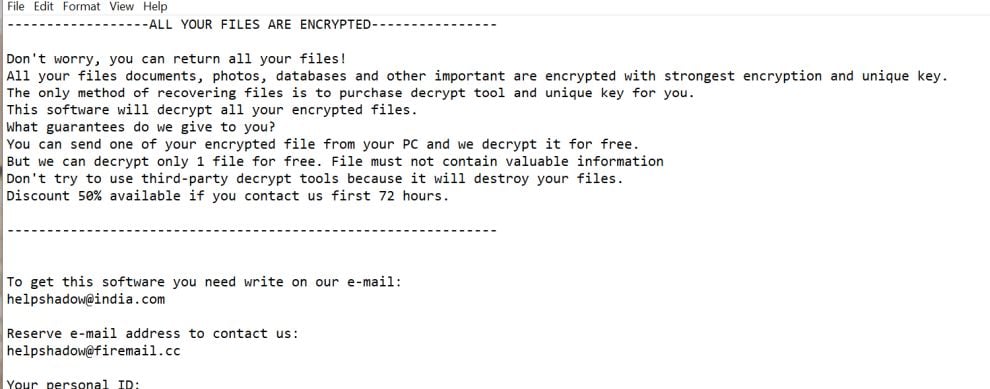 Helpshadow@india.com Shadow Ransomware Virus