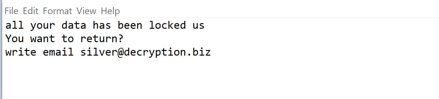 Silver@decryption.biz Bizer ransomware Virus