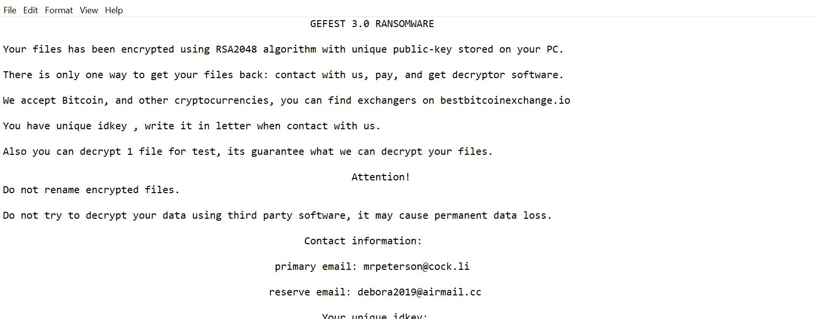 GEFEST 3.0 Ransomware Virus