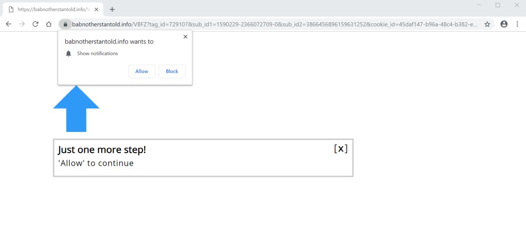Image: Chrome browser is redirected to the Babnotherstantold.info site