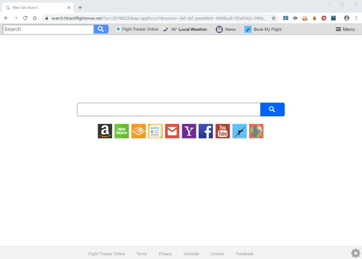 Image: Chrome browser is redirected to the search.htrackflightsnow.net site