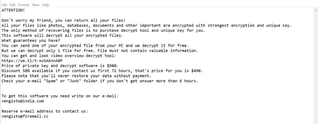 Vengisto@india.com Norvas ransomware