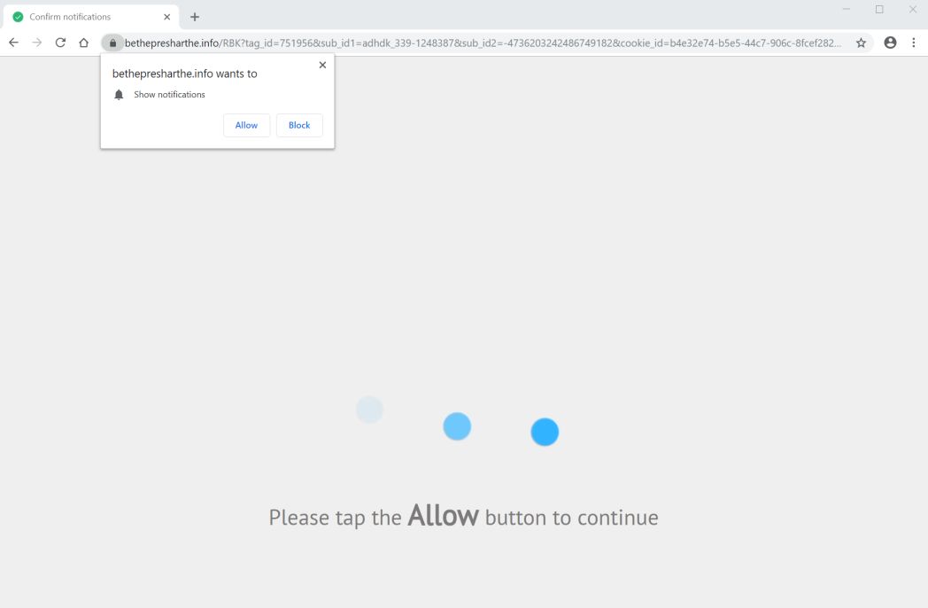 Image: Chrome browser is redirected to the Bethepresharthe.info site