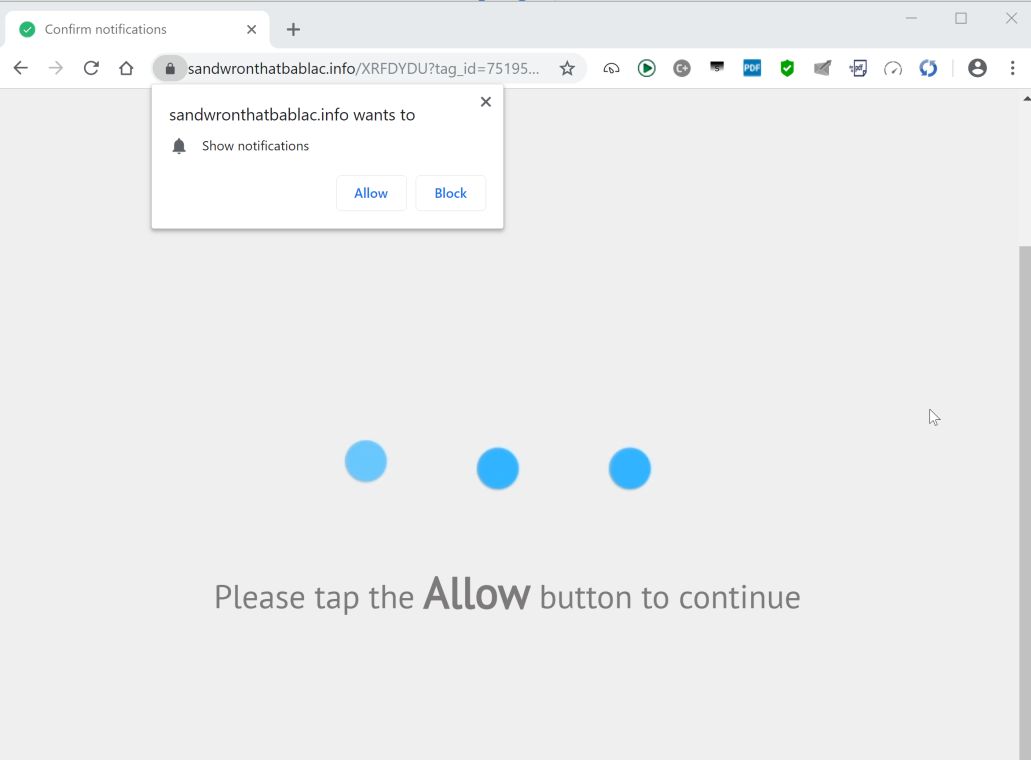 Image: Chrome browser is redirected to the Sandwronthatbablac.info site