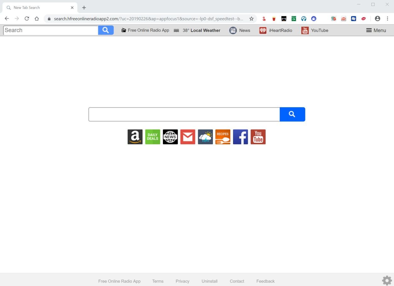 Image: Chrome browser is redirected to the search.hfreeonlineradioapp2.com site