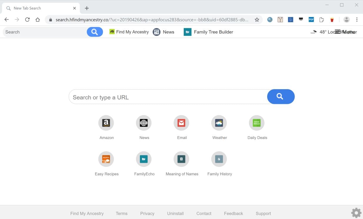 Image: Google Chrome is redirected to the Find My Ancestry New Tab Search