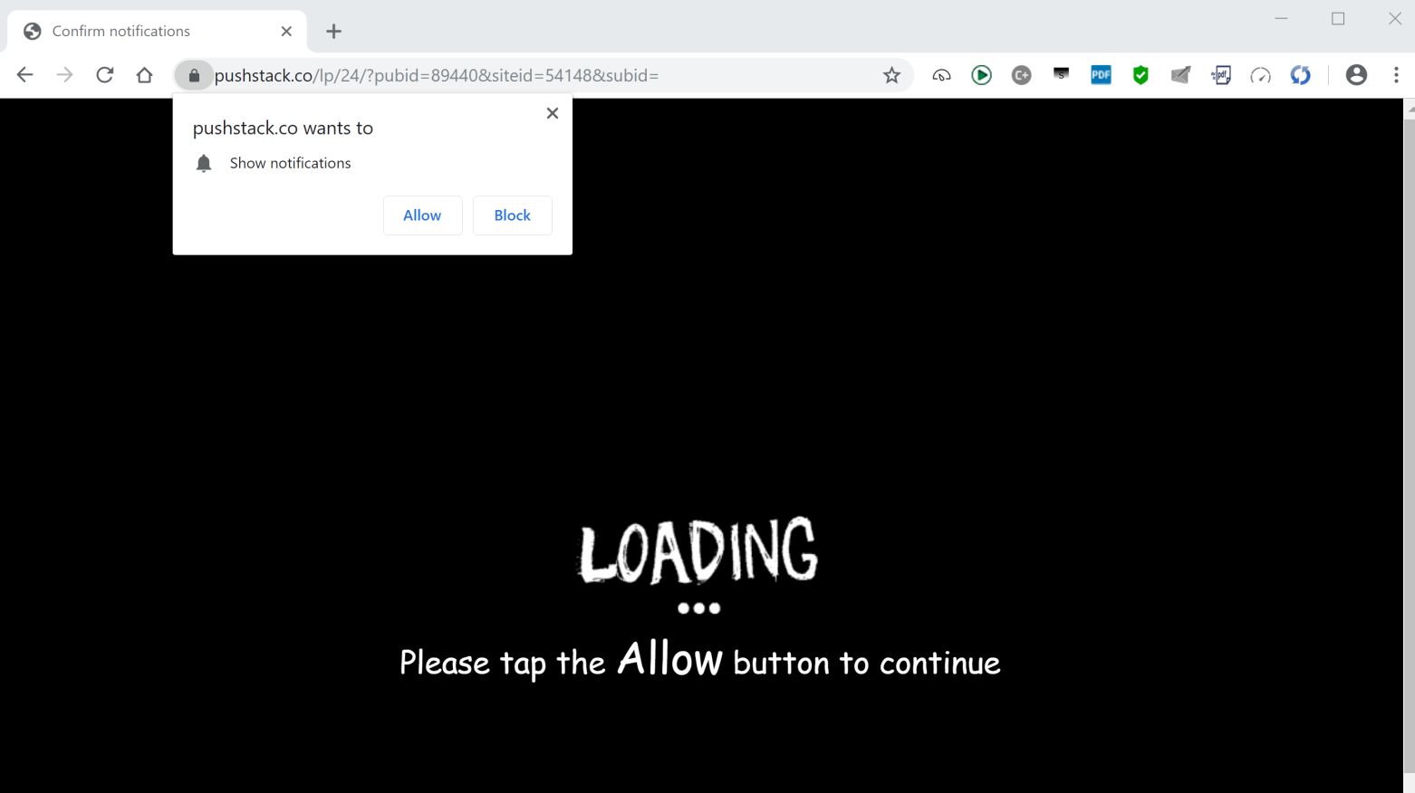  Image: Chrome browser is redirected to the Pushstack.co site