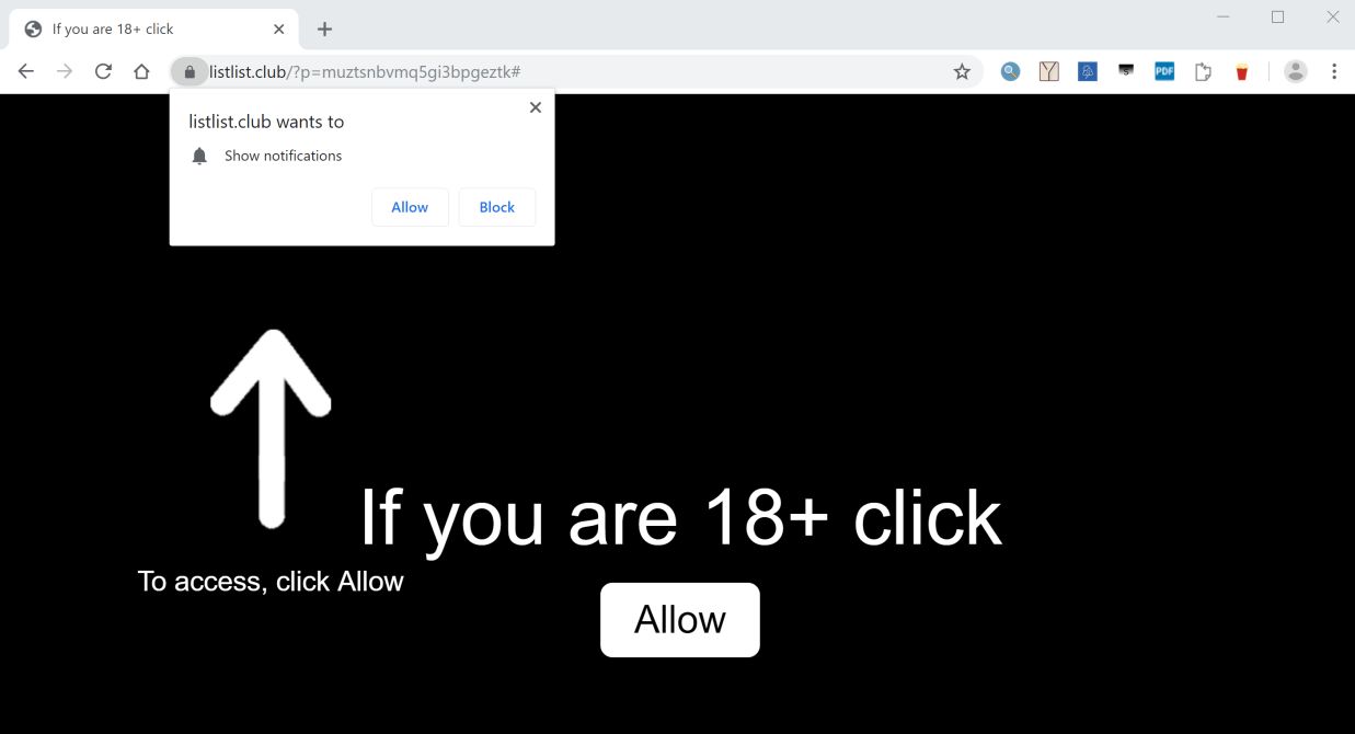 Image: Chrome browser is redirected to the Listlist.club site