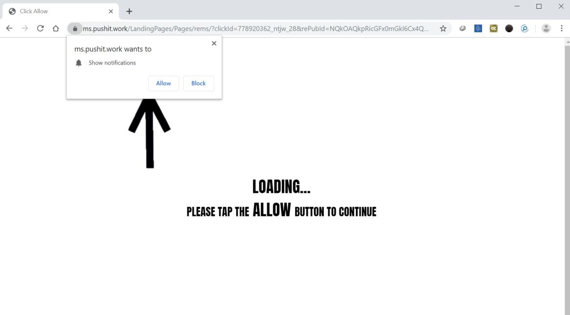 Image: Chrome browser is redirected to the Ms.pushit.work site